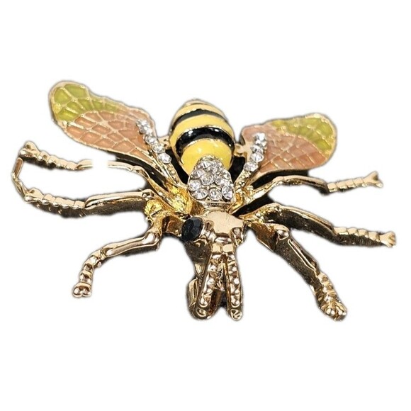 Vintage Style Gold Tone Bee Brooch Pin with Rhinestones & Enamel Wings Insect - Picture 4 of 6